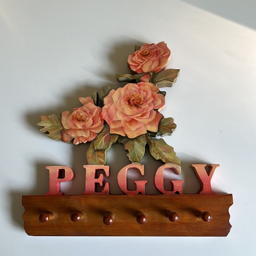 Handmade, Painted Roses Wood Hanging Coat Rack - Personalized with PEGGY